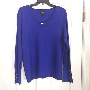 JM Collection Long Sleeve V Neck Blue Button Sleeve Top